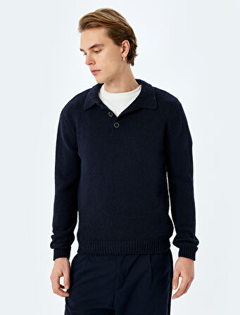 Düğmeli Polo Yaka Pamuk Karışımlı Basic Uzun Kollu Triko Kazak