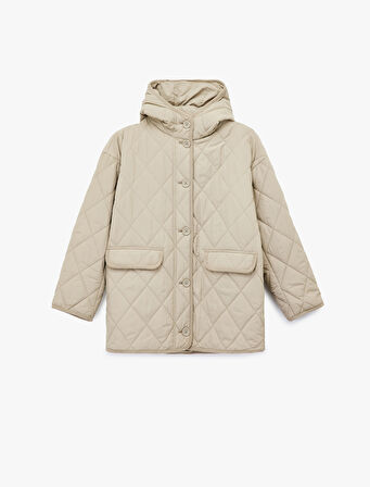 Uzun Kollu Düğmeli Cepli Kapüşonlu Kapitone Mont