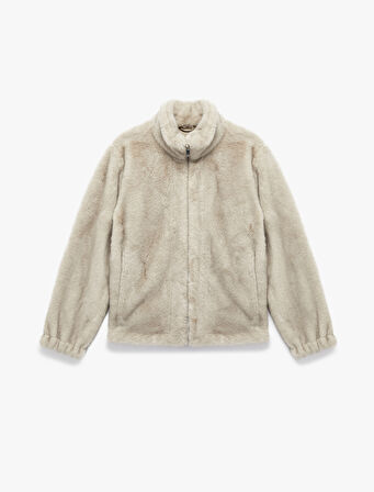 Koton X Sima Tarkan - Suni Süet Astarlı Dik Yaka Uzun Kollu Crop Fermuarlı Peluş Mont