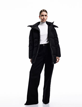 Çıkarılabilir Kapüşonlu Uzun Kollu Cepli Su İtici Fermuarlı Şişme Mont