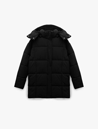 Çıkarılabilir Kapüşonlu Uzun Kollu Cepli Su İtici Fermuarlı Şişme Mont