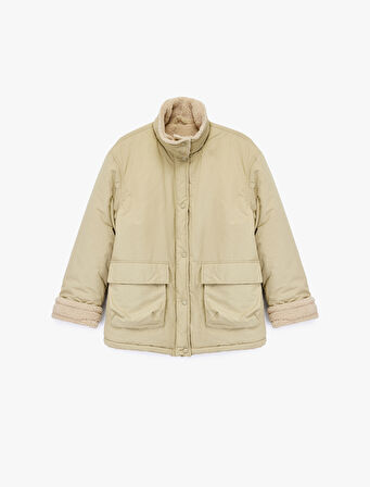 Dik Yaka Uzun Kollu Fermuarlı Cepli İçi Peluş Astarlı Anorak Mont