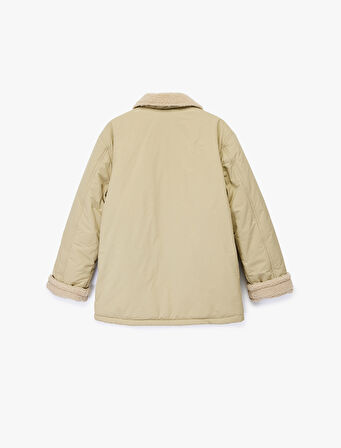 Dik Yaka Uzun Kollu Fermuarlı Cepli İçi Peluş Astarlı Anorak Mont