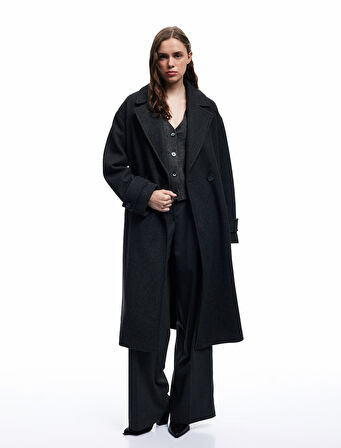 Astarlı Düğmeli Kruvaze Uzun Kollu Oversize Kaşe Kaban