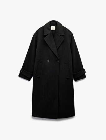 Astarlı Düğmeli Kruvaze Uzun Kollu Oversize Kaşe Kaban