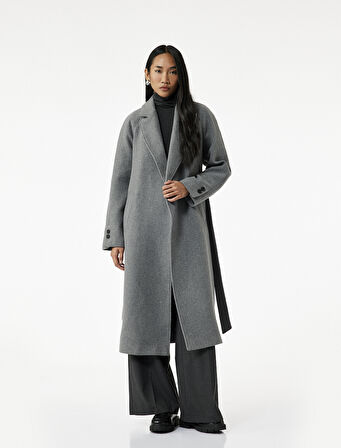 Uzun Kollu Kemerli Cepli Kruvaze Uzun Kaşe Kaban