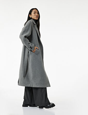 Uzun Kollu Kemerli Cepli Kruvaze Uzun Kaşe Kaban