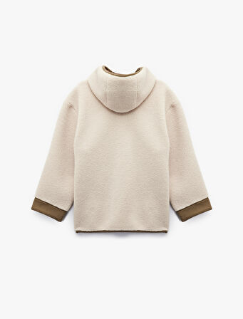 Uzun Kollu Kapüşonlu Süet Astarlı Cepli Düğmeli Peluş Kaban