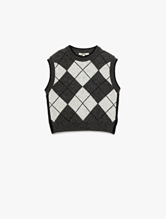 Baklava Desenli Kolsuz Bisiklet Yaka Triko Süveter