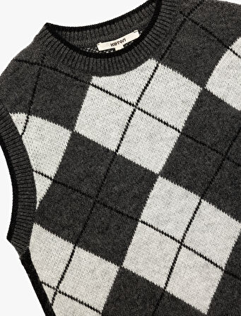 Baklava Desenli Kolsuz Bisiklet Yaka Triko Süveter