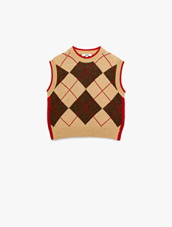 Baklava Desenli Kolsuz Bisiklet Yaka Triko Süveter