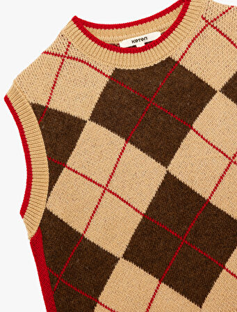 Baklava Desenli Kolsuz Bisiklet Yaka Triko Süveter