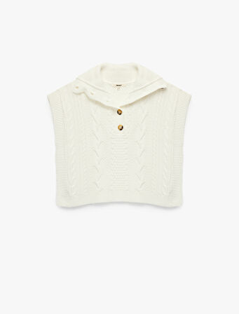 Yarım Düğmeli Devrik Yaka Kolsuz Saç Örgü Süveter