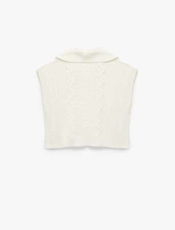 Yarım Düğmeli Devrik Yaka Kolsuz Saç Örgü Süveter