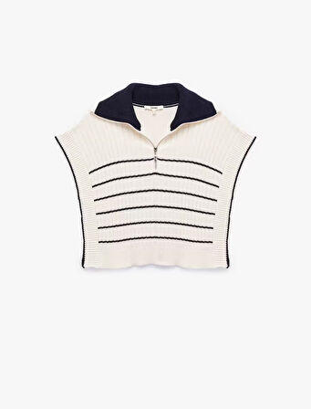 Yanları Yırtmaçlı Yarım Fermuarlı Polo Yaka Çizgili Triko Süveter