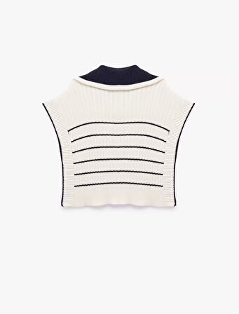 Yanları Yırtmaçlı Yarım Fermuarlı Polo Yaka Çizgili Triko Süveter