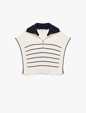 Yanları Yırtmaçlı Yarım Fermuarlı Polo Yaka Çizgili Triko Süveter