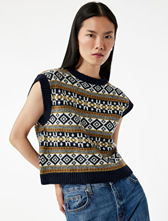 Etnik Desenli Kolsuz Bisiklet Yaka Triko Oversize Süveter