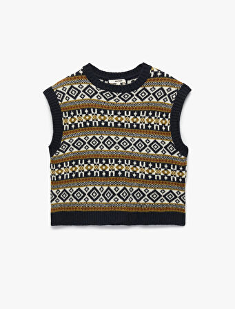 Etnik Desenli Kolsuz Bisiklet Yaka Triko Oversize Süveter