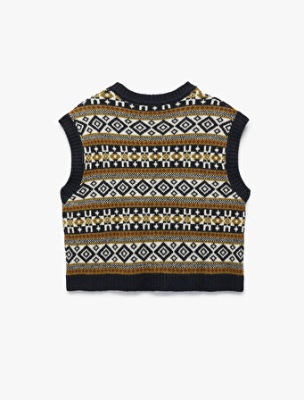 Etnik Desenli Kolsuz Bisiklet Yaka Triko Oversize Süveter