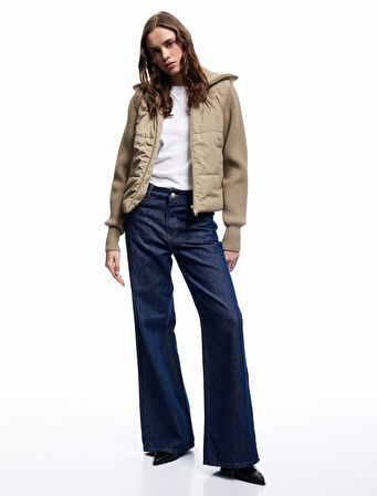 Dik Yaka Uzun Kollu Cepli Fermuarlı Su İtici Anorak Şişme Crop Ceket