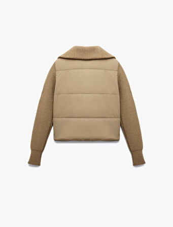 Dik Yaka Uzun Kollu Cepli Fermuarlı Su İtici Anorak Şişme Crop Ceket