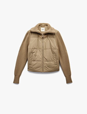 Dik Yaka Uzun Kollu Cepli Fermuarlı Su İtici Anorak Şişme Crop Ceket