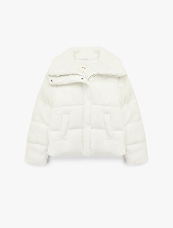 Uzun Kollu Cepli Fermuarlı Dik Yaka Detaylı Anorak Peluş Şişme Mont