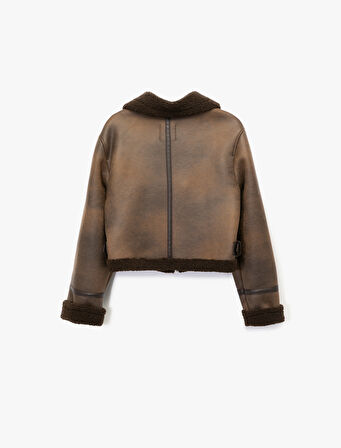 Uzun Kollu Suni Kürk Yaka Fermuarlı Deri Görünümlü Biker Mont