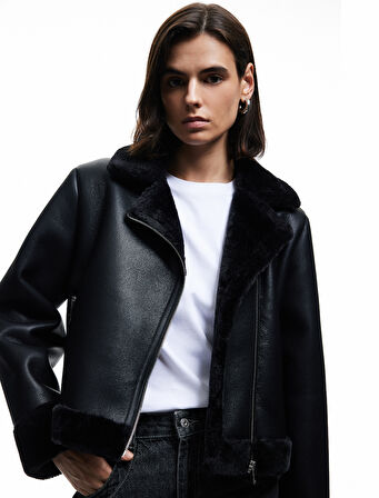 Uzun Kollu Fermuarlı Suni Kürk Astarlı Kruvaze Suni Deri Biker Crop Ceket