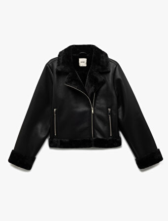 Uzun Kollu Fermuarlı Suni Kürk Astarlı Kruvaze Suni Deri Biker Crop Ceket