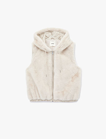 Kolsuz Kapüşonlu Fermuarlı Peluş Yelek