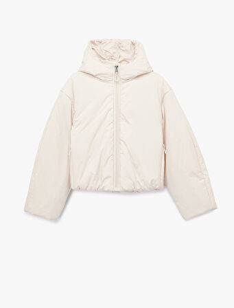 Fermuarlı Uzun Kollu Su İtici Kapüşonlu Crop Şişme Mont