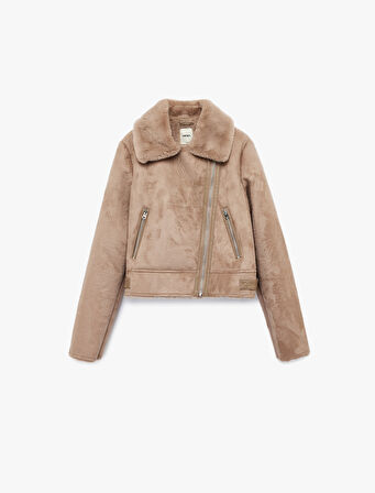 Kruvaze Yaka Uzun Kollu Fermuarlı Cepli Suni Kürk Yaka Crop Suni Süet Ceket