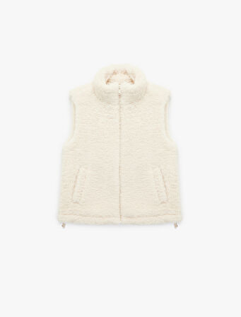 Cepli Dik Yaka Kolsuz Fermuarlı Crop Peluş Yelek