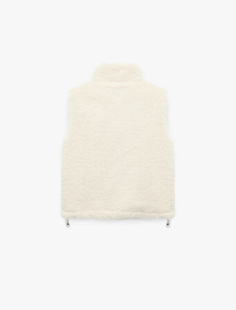 Cepli Dik Yaka Kolsuz Fermuarlı Crop Peluş Yelek