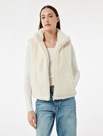 Cepli Dik Yaka Kolsuz Fermuarlı Crop Peluş Yelek