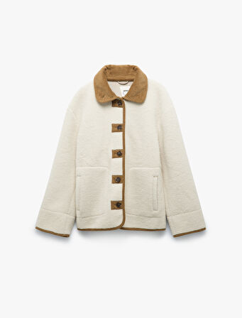 Uzun Kollu Düğmeli Cepli Kruvaze Klasik Yaka Peluş Ceket