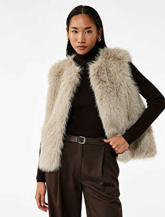 Düğmeli Bisiklet Yaka Kolsuz Suni Kürk Crop Yelek