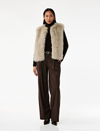 Düğmeli Bisiklet Yaka Kolsuz Suni Kürk Crop Yelek