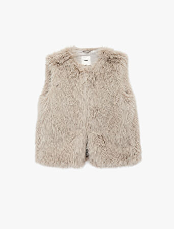 Düğmeli Bisiklet Yaka Kolsuz Suni Kürk Crop Yelek