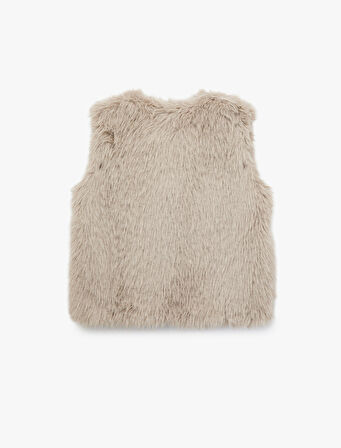 Düğmeli Bisiklet Yaka Kolsuz Suni Kürk Crop Yelek