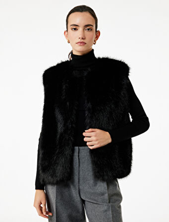 Düğmeli Bisiklet Yaka Kolsuz Suni Kürk Crop Yelek