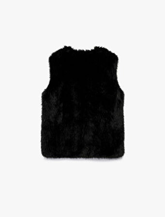 Düğmeli Bisiklet Yaka Kolsuz Suni Kürk Crop Yelek