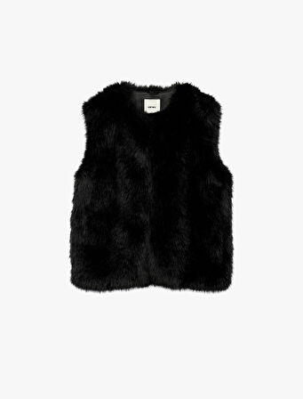 Düğmeli Bisiklet Yaka Kolsuz Suni Kürk Crop Yelek