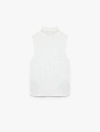 Dik Yaka Saç Örgü Dokulu Kolsuz Triko Bluz