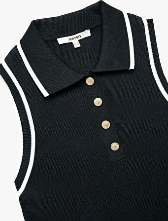 Regular Fit Düğmeli Kolsuz Polo Yaka Triko Bluz