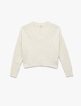 Uzun Kollu V Yaka Örgü Kazak