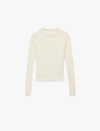 Fırfır Detaylı Dik Yaka Uzun Kollu Triko Kazak