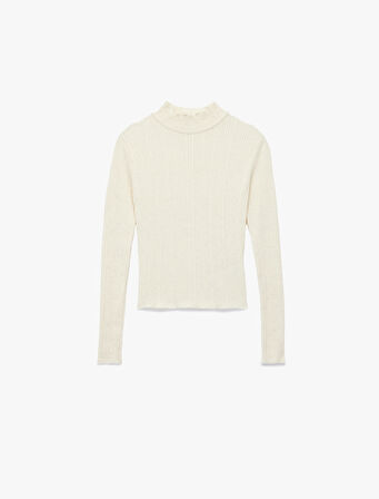 Fırfır Detaylı Dik Yaka Uzun Kollu Triko Kazak